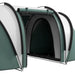Dark green tunnel tent with two bedrooms and central living area, outdoors, waterproof design