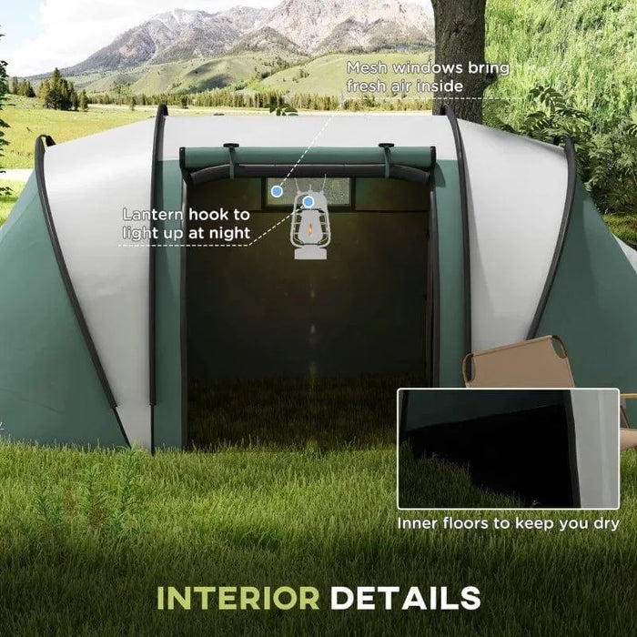 Dark green tunnel tent with mesh windows, lantern hook, inner floors, and mountain scenery