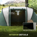 Dark green tunnel tent with mesh windows, lantern hook, inner floors, and mountain scenery