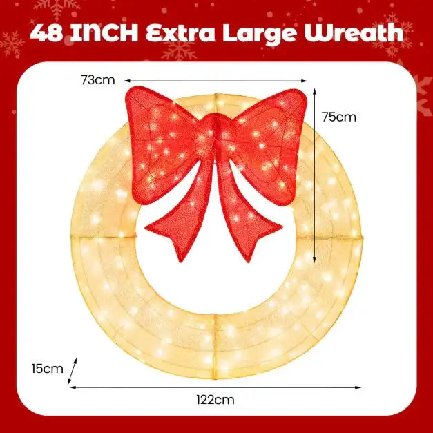 48” Pre-Lit Christmas Wreath | 200 Warm White LEDs with Red Bow COSTWAY - Little and Giant Explorers Costway