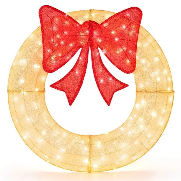 48” Pre-Lit Christmas Wreath | 200 Warm White LEDs with Red Bow COSTWAY - Little and Giant Explorers Costway