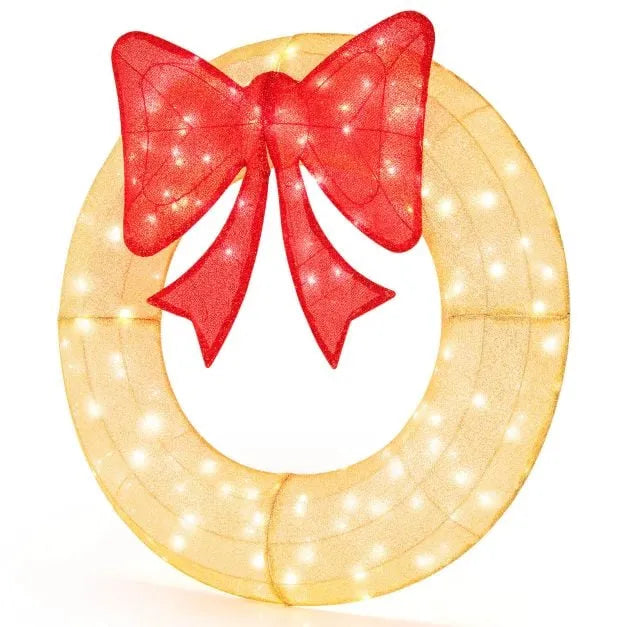 48” Pre-Lit Christmas Wreath | 200 Warm White LEDs with Red Bow COSTWAY - Little and Giant Explorers Costway