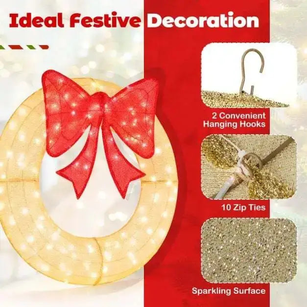 48” Pre-Lit Christmas Wreath | 200 Warm White LEDs with Red Bow COSTWAY - Little and Giant Explorers Costway