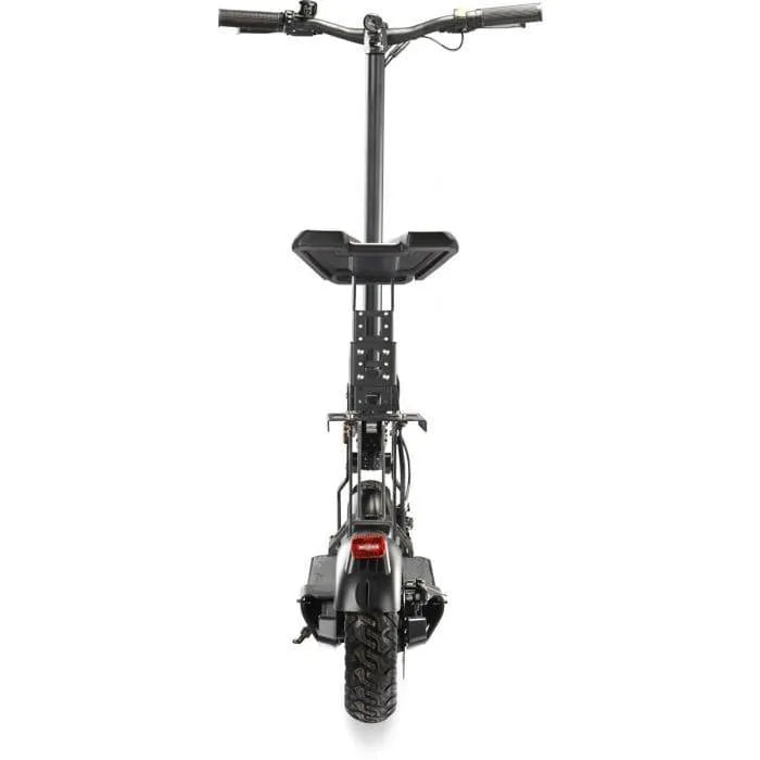 Front view of 48V folding electric scooter with thick tire, dual suspension, and handlebars