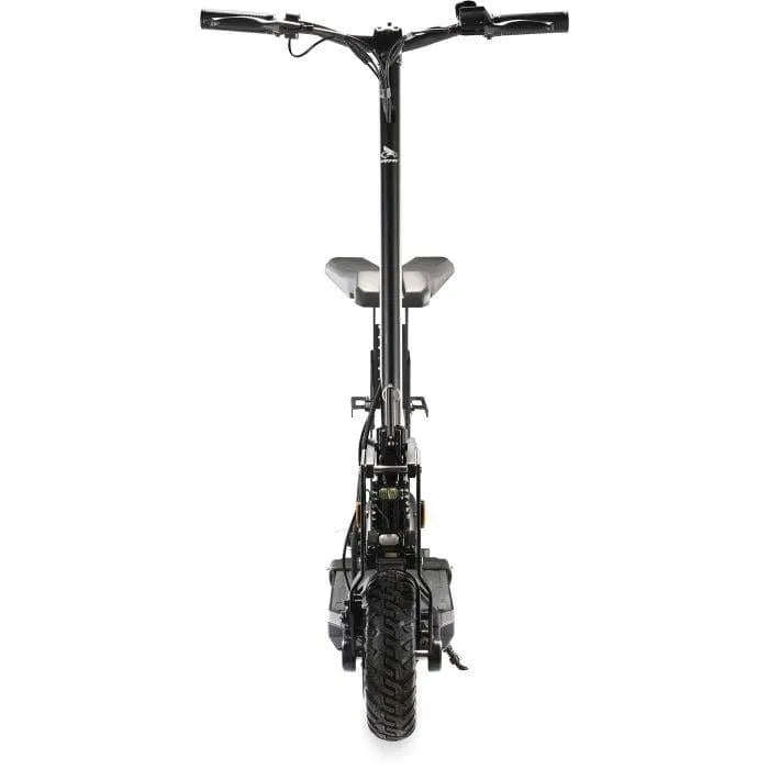 Black folding electric scooter front view with dual suspension and wide tread tire