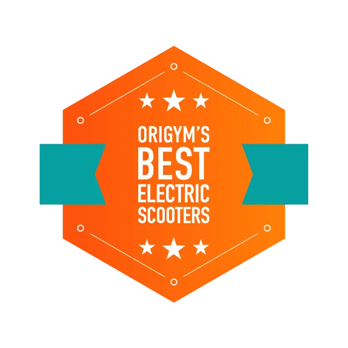 Origym's best electric scooters orange badge with teal ribbon and white stars