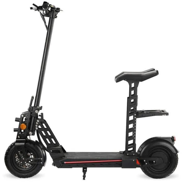 48V flagship folding electric scooter with 600W motor, dual suspension, and seat