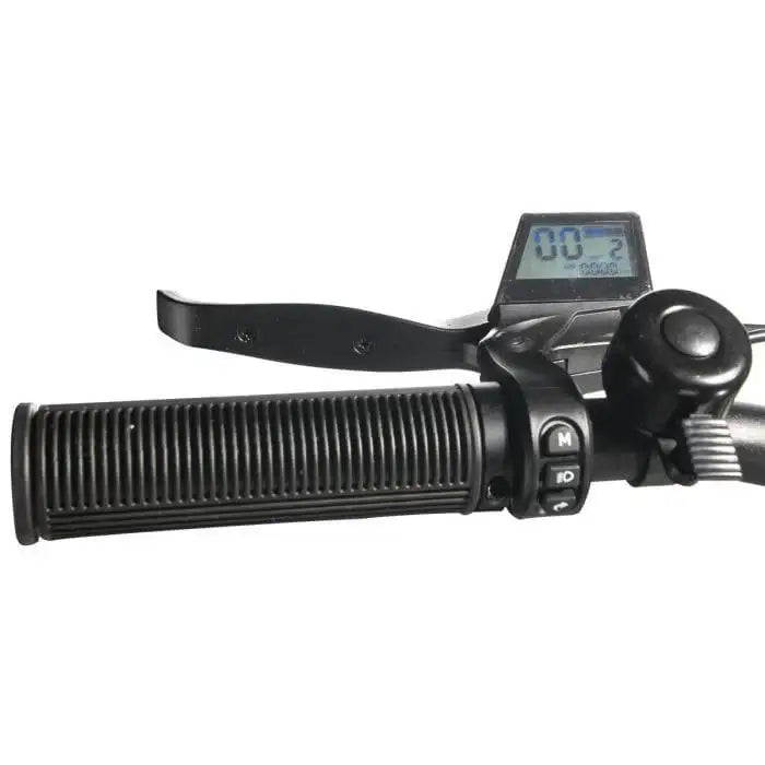 Close-up of folding electric scooter handlebar with LCD display, control buttons, and hand grip.