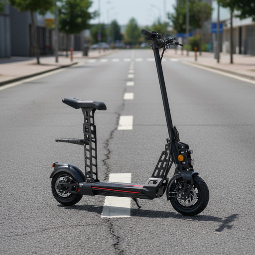 48V folding electric scooter with seat and dual suspension on empty urban street