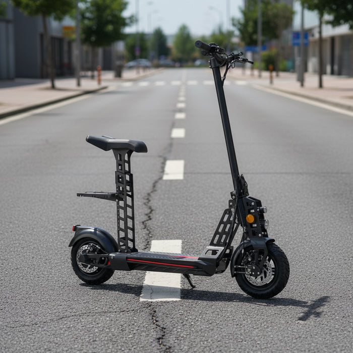 48V folding electric scooter with seat and dual suspension on empty urban street