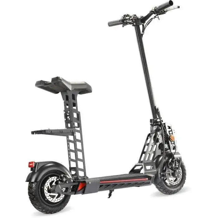 48V folding electric scooter with seat, rugged tires, dual suspension, and black frame
