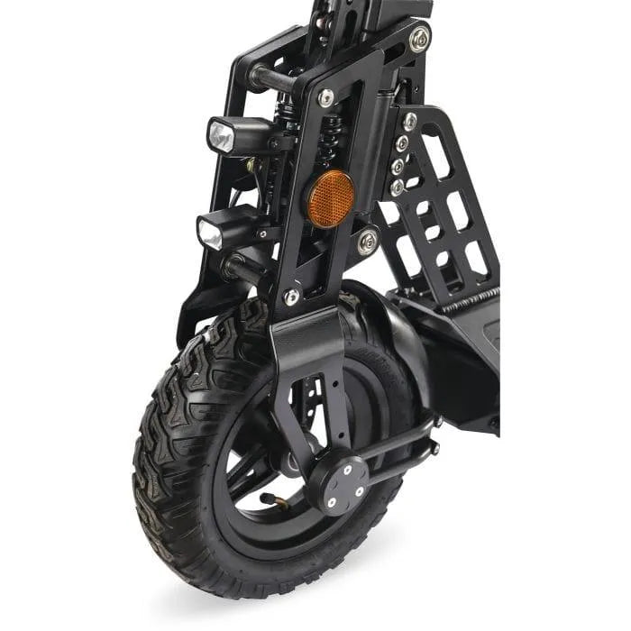 Close-up of folding electric scooter front wheel with dual suspension and LED lights