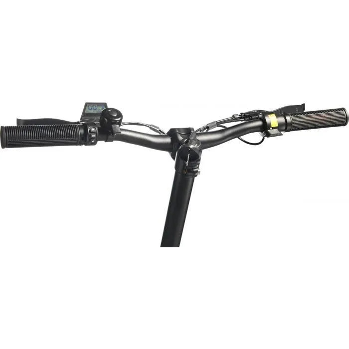 Close-up of black folding electric scooter handlebars with digital display and controls