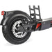 Close-up of rear wheel, disc brake, and suspension on folding electric scooter