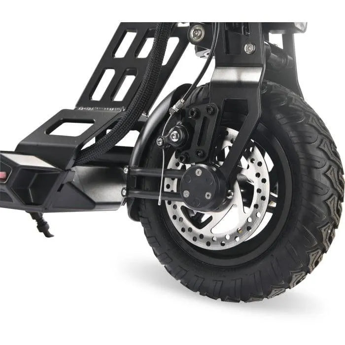 Close-up of 48V folding electric scooter's rear wheel with dual suspension and disc brake