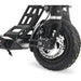 Close-up of 48V folding electric scooter's rear wheel with dual suspension and disc brake