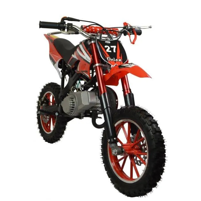 Red 49cc kids mini dirt bike with off-road tires, number 27, and Orion branding