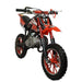 Red 49cc kids mini dirt bike with off-road tires, number 27, and Orion branding