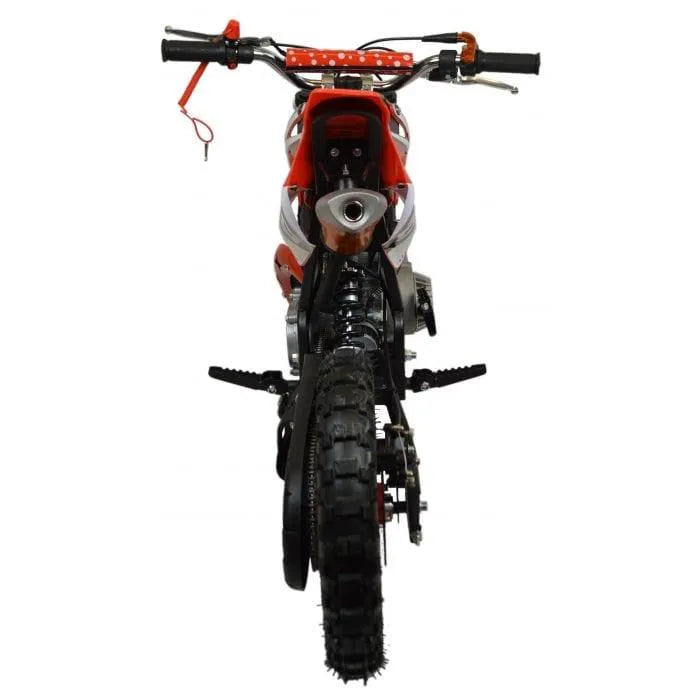Rear view of red kids mini dirt bike, knobby tires, off-road motorcycle for ages 6-12