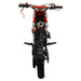 Rear view of red kids mini dirt bike, knobby tires, off-road motorcycle for ages 6-12