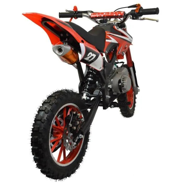 Red kids mini dirt bike with knobby tires and number 21, viewed from the rear