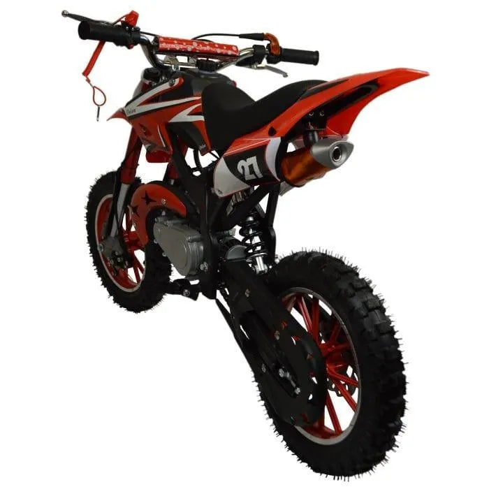 Red kids mini dirt bike with off-road tires and number 27 on rear fender