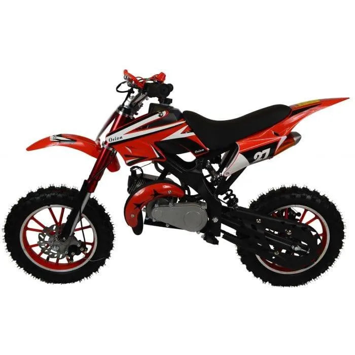 Red 49cc kids mini dirt bike with off-road tires and sporty graphics on a white background