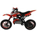 Red 49cc kids mini dirt bike with off-road tires and sporty graphics on a white background