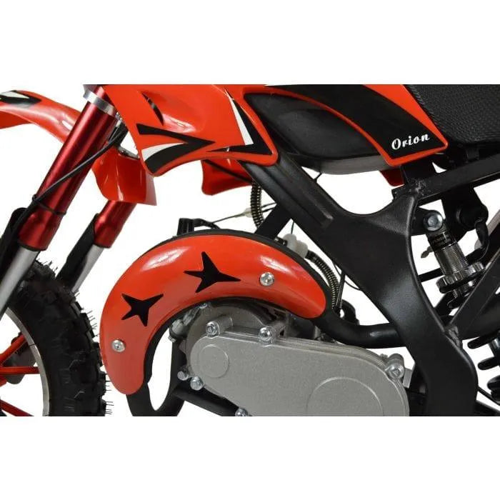 Red kids mini dirt bike with black star decals, off-road tires, Orion branding