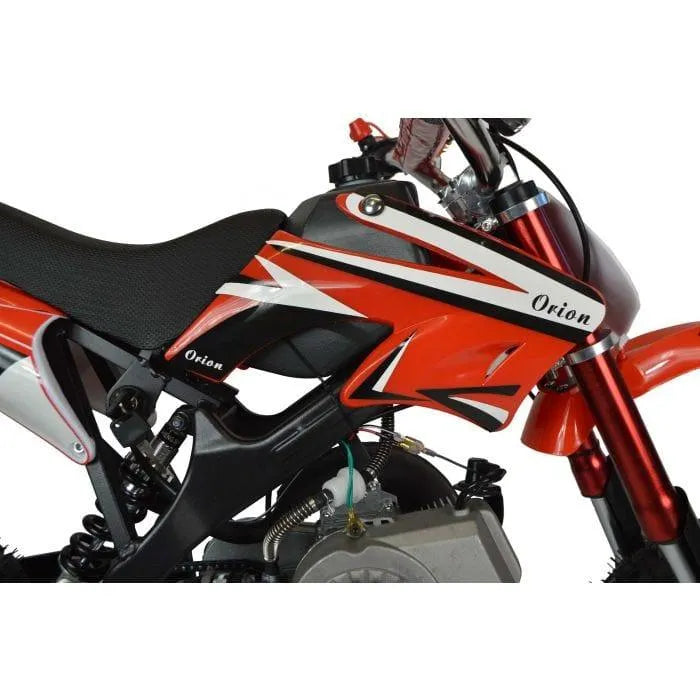Red Orion kids mini dirt bike with black seat and off-road design details