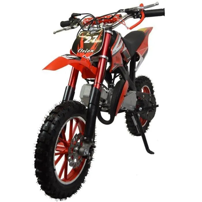 Red 49cc kids mini dirt bike with off-road tires and Orion branding, photographed on white