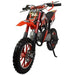 Red 49cc kids mini dirt bike with off-road tires and Orion branding, photographed on white
