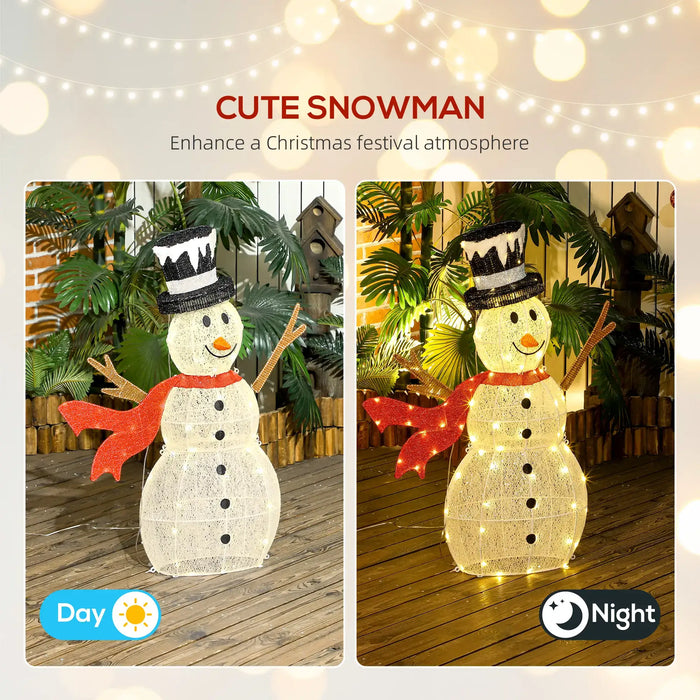 Decorative snowman with top hat and red scarf, shown in daylight and lit up at night outdoors