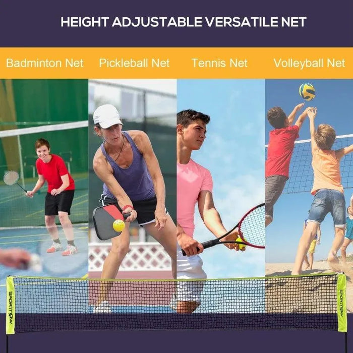 Height adjustable versatile net for badminton, pickleball, tennis, and volleyball, shown in use.