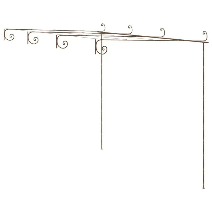 Wrought iron lean-to garden pergola with decorative scrollwork frame for climbing plants