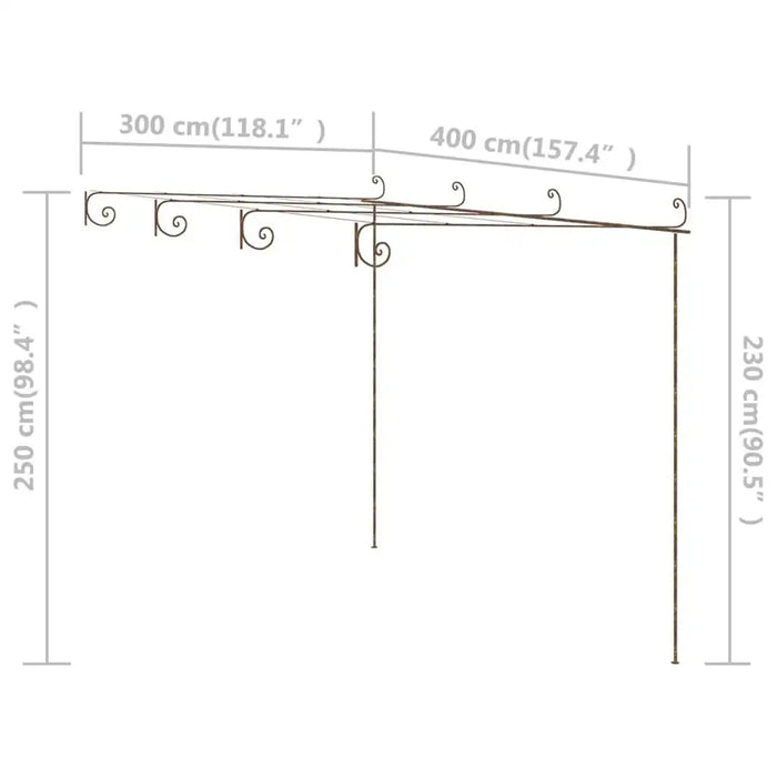 4x3m wrought iron garden pergola with scroll design, shown with dimensions on white background
