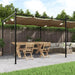 Taupe retractable pergola with steel frame over outdoor wooden dining set on patio