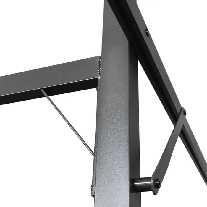 Close-up of powder-coated steel and aluminum pergola frame in taupe finish