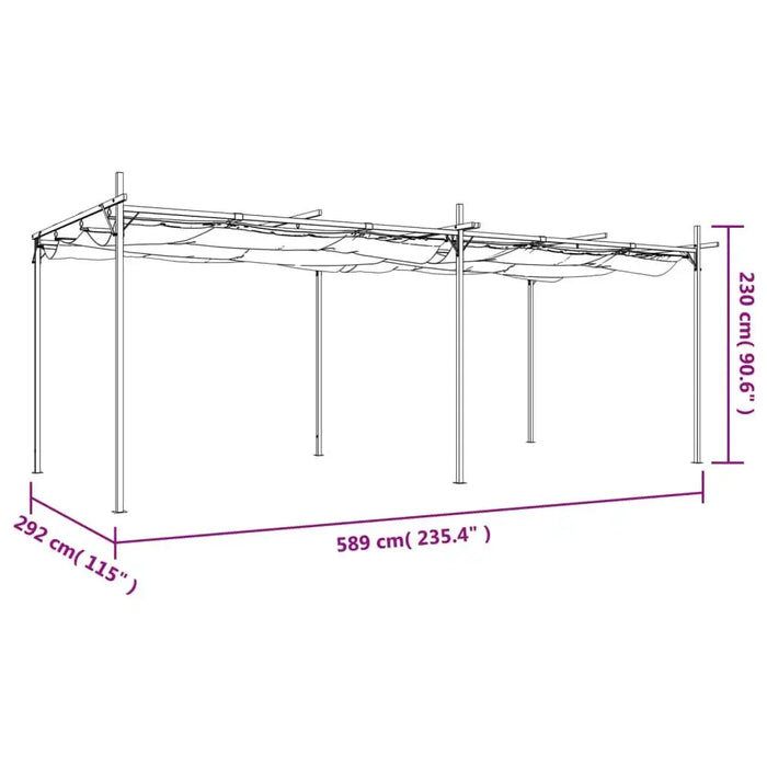 5.9m retractable pergola with taupe canopy, powder-coated steel and aluminium frame, size diagram