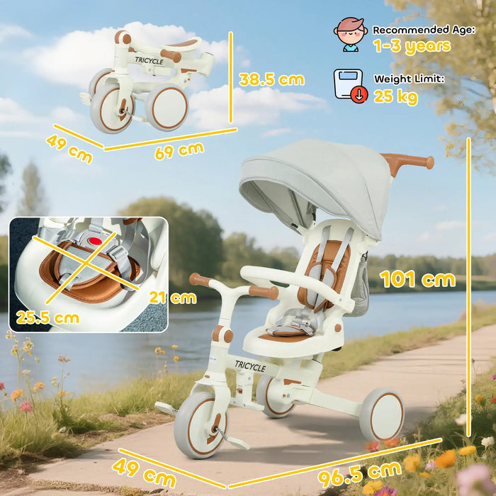 Children's tricycle with measurements and safety features displayed against a scenic background.