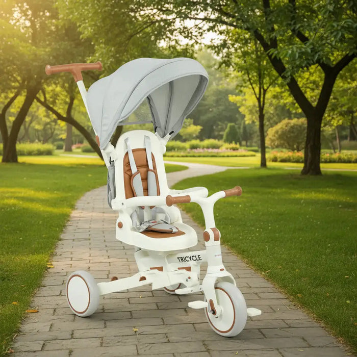 White and brown tricycle with canopy on a paved path in a park