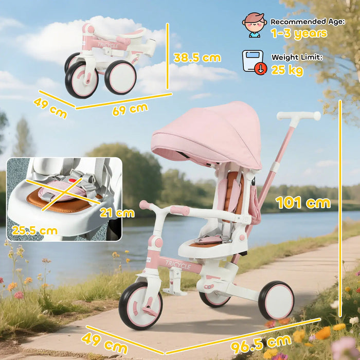 Pink and white children's tricycle with measurements and features on a scenic background