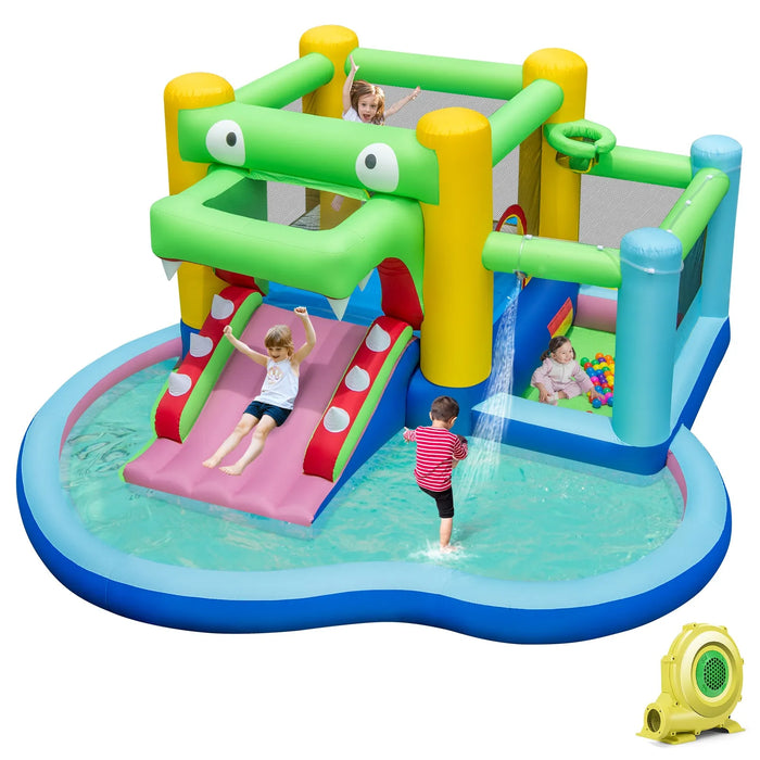 5-in-1 Bounce Castle - Crocodile Water Park with Splash Pool and Blower - Little and Giant Explorers Costway