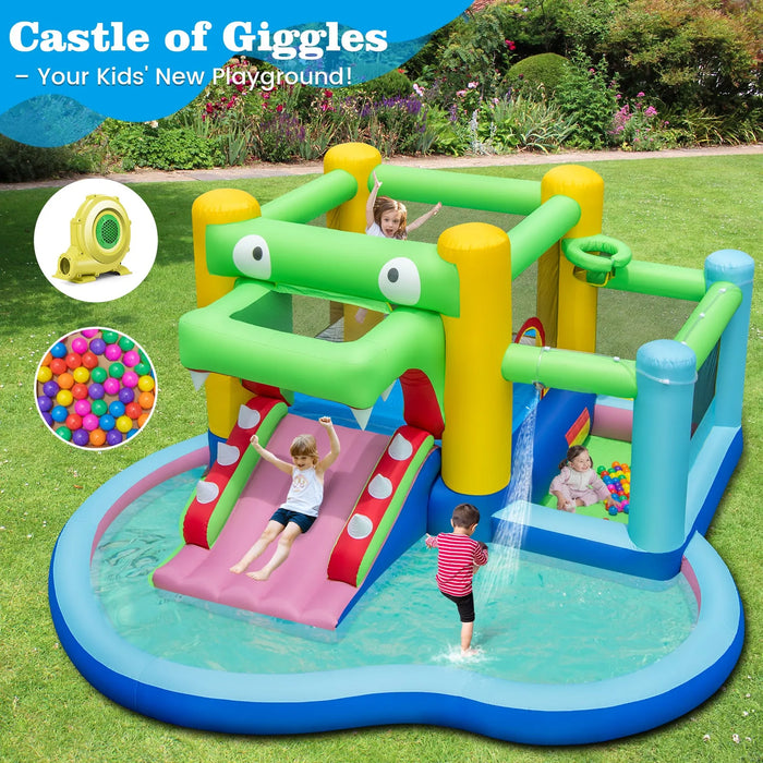 5-in-1 Bounce Castle - Crocodile Water Park with Splash Pool and Blower - Little and Giant Explorers Costway