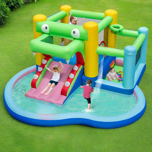 5-in-1 Bounce Castle - Crocodile Water Park with Splash Pool and Blower - Little and Giant Explorers Costway