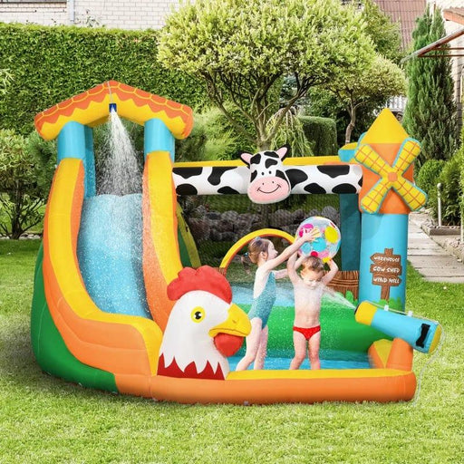 5-in-1 Bounce Castle with Slide, Trampoline, Pool, Water Cannon and Climbing Wall with Blower - Little and Giant Explorers Outsunny