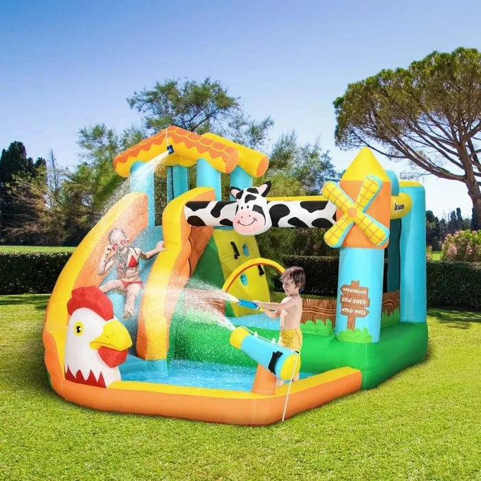 5-in-1 Bounce Castle with Slide, Trampoline, Pool, Water Cannon and Climbing Wall with Blower - Little and Giant Explorers Outsunny