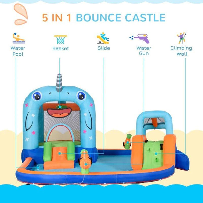 5-in-1 Bounce Castle with Slide, Water Pool, Trampoline, Climbing Wall and Water Gun with Blower - Little and Giant Explorers Outsunny