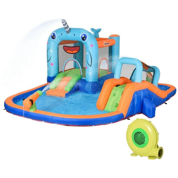 5-in-1 Bounce Castle with Slide, Water Pool, Trampoline, Climbing Wall and Water Gun with Blower - Little and Giant Explorers Outsunny