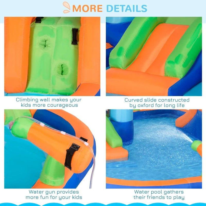 5-in-1 Bounce Castle with Slide, Water Pool, Trampoline, Climbing Wall and Water Gun with Blower - Little and Giant Explorers Outsunny